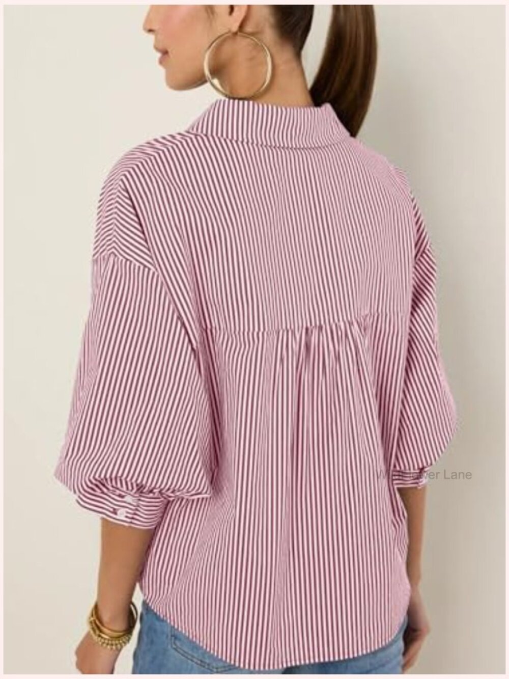Striped Button Down Shirt 3/4 Puff Sleeve Collared V Neck Loose Blouse - Picture 5 of 7